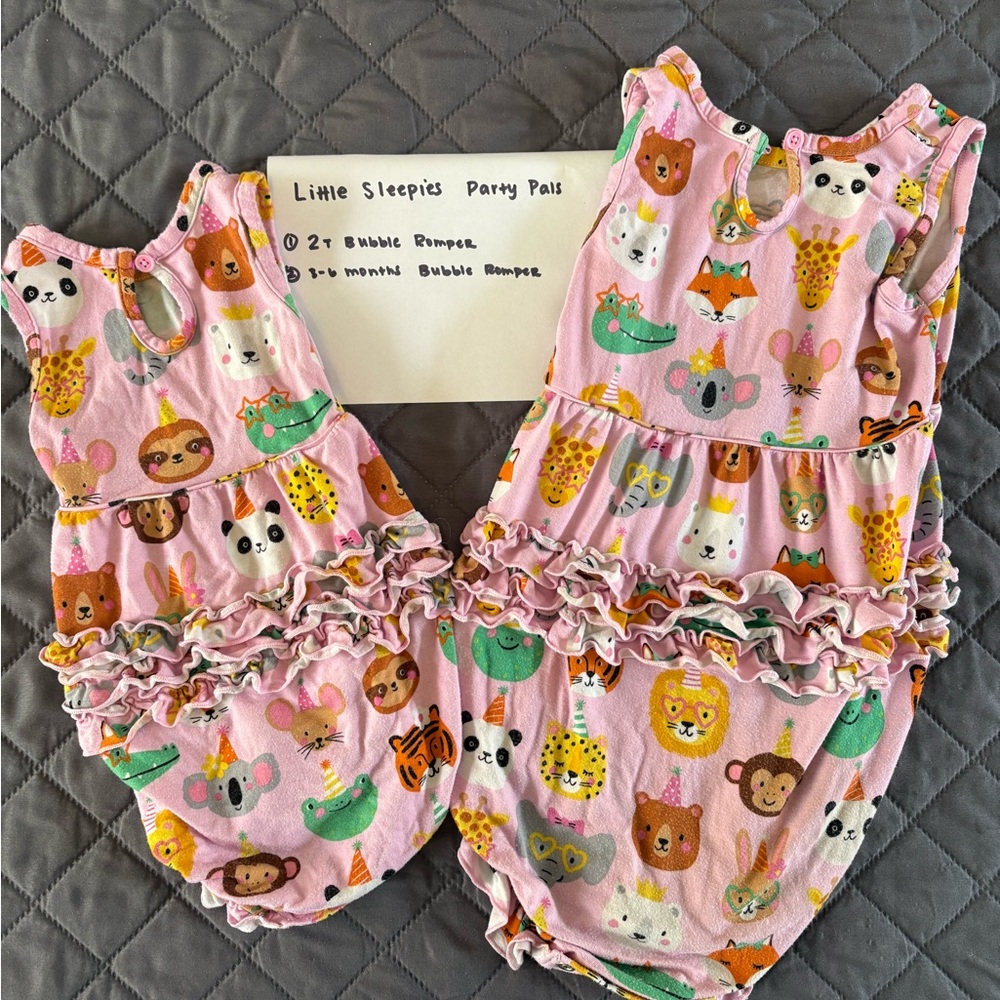 Little Sleepies Party Pals pattern bubble romper, 2T & 3-6mo